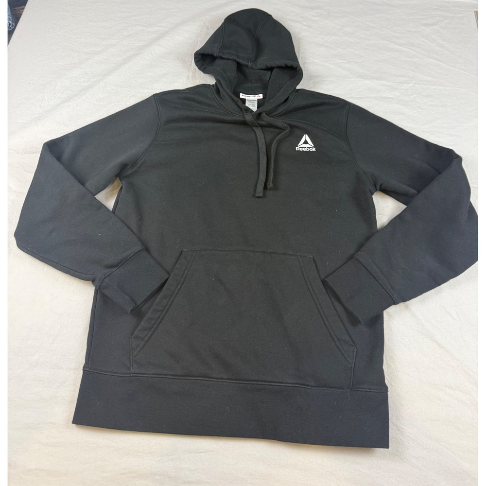 Reebok Mens Fleece Pullover Hoodie Black Embroidered Logo Sweatshirt Size S